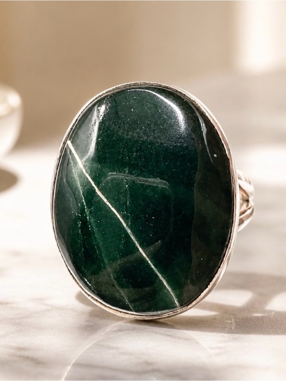 Size 8 Aventurine 925 Sterling Silver Deep Green Oval Stone Ring